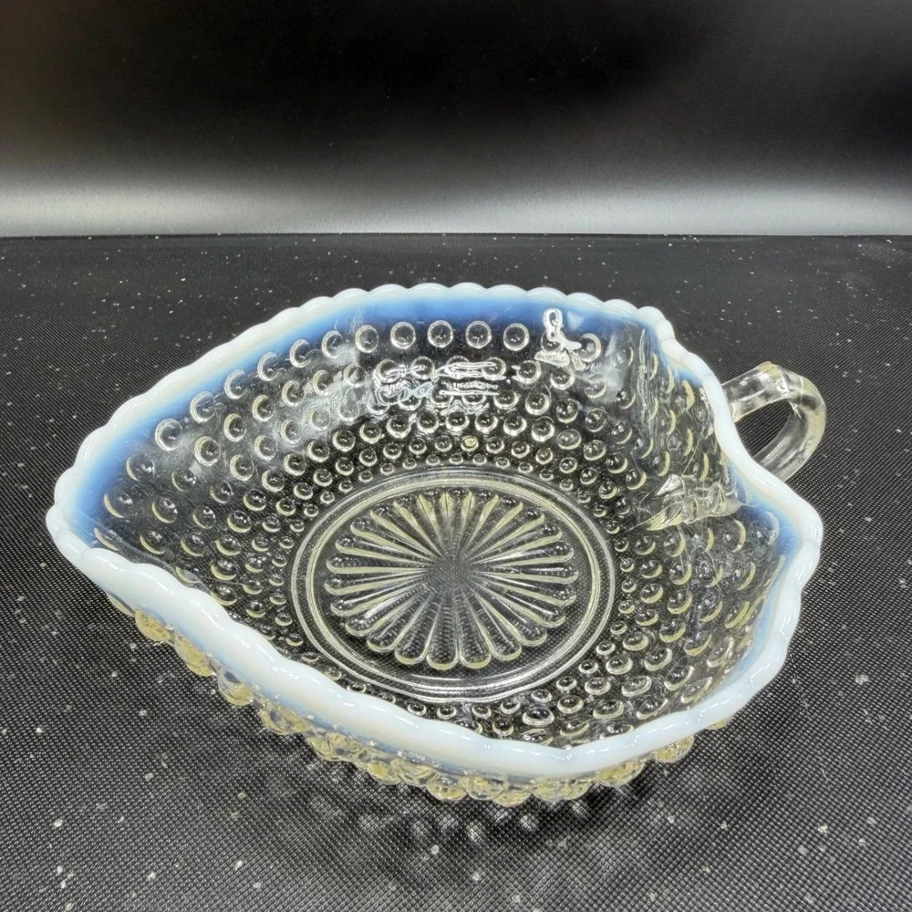 Anchor Hocking Moonstone Hobnail Opalescent Glass Bowl Ruffled Edge W‎ Handle